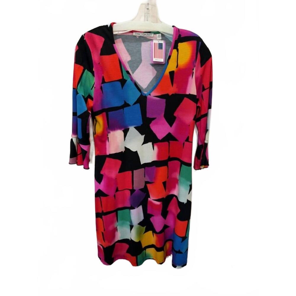 NEW SNOSKINS women's cubes bell sleeve dress in multi color